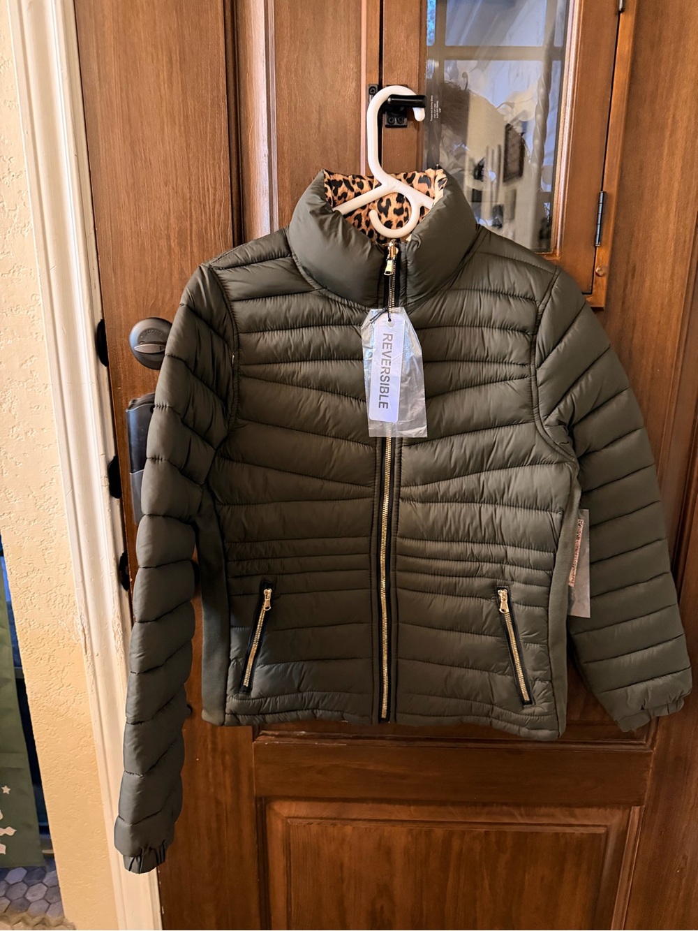 YMI Olive Reversible Puffer Jacket with Leopard Lining